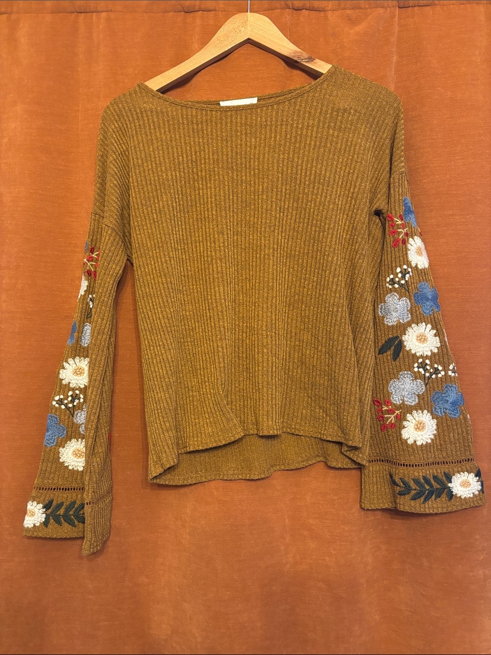 Embroidered Bell-Sleeve Ribbed Top - Mustard Floral